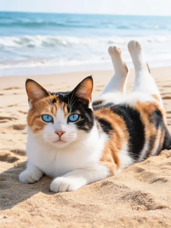三色短毛家猫在沙滩上的躺卧状态