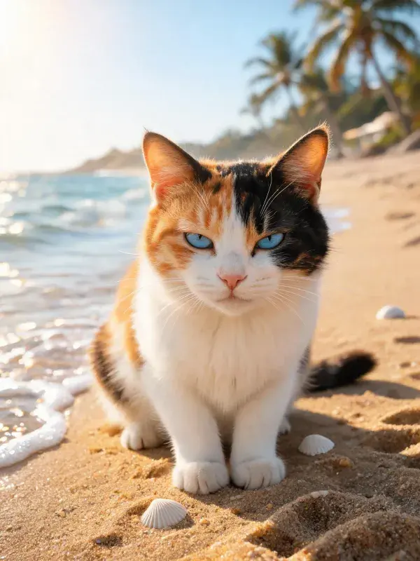 海滩上的三色短毛家猫特写