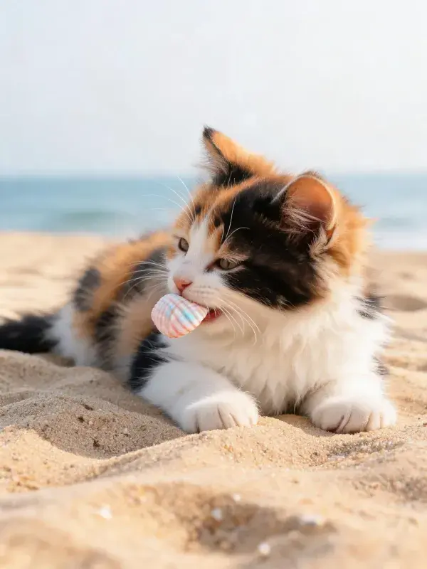 沙滩上叼贝壳的三色短毛猫
