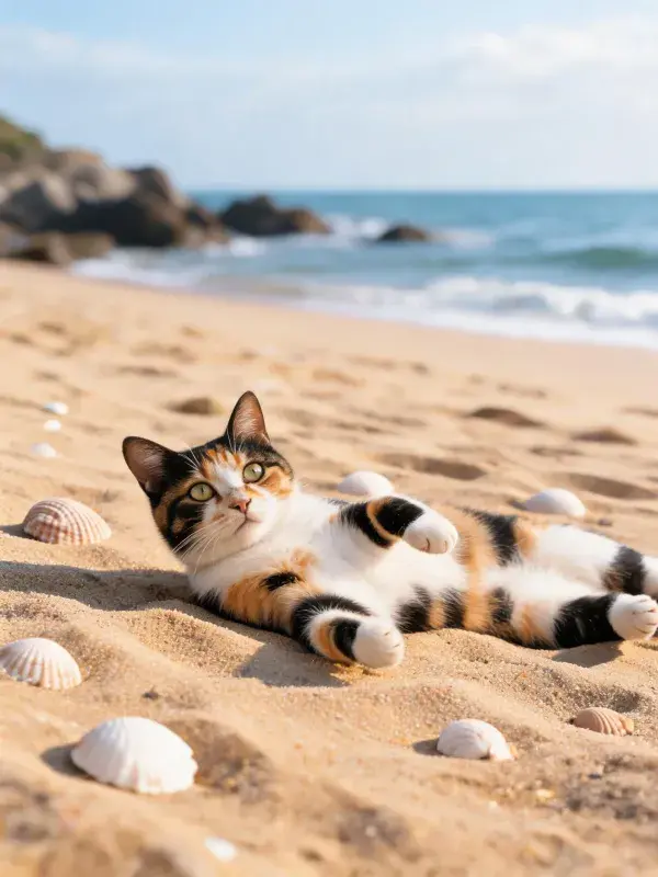 沙滩上三色短毛家猫的休憩画面
