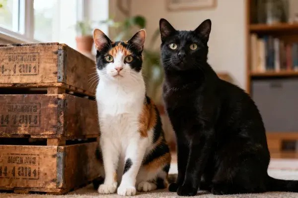 阳台附近的木质箱旁的三色与纯黑短毛家猫