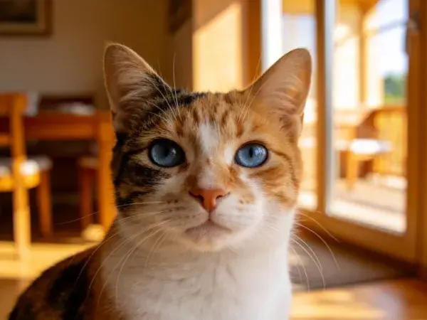 室内阳光下的蓝眼睛短毛家猫特写