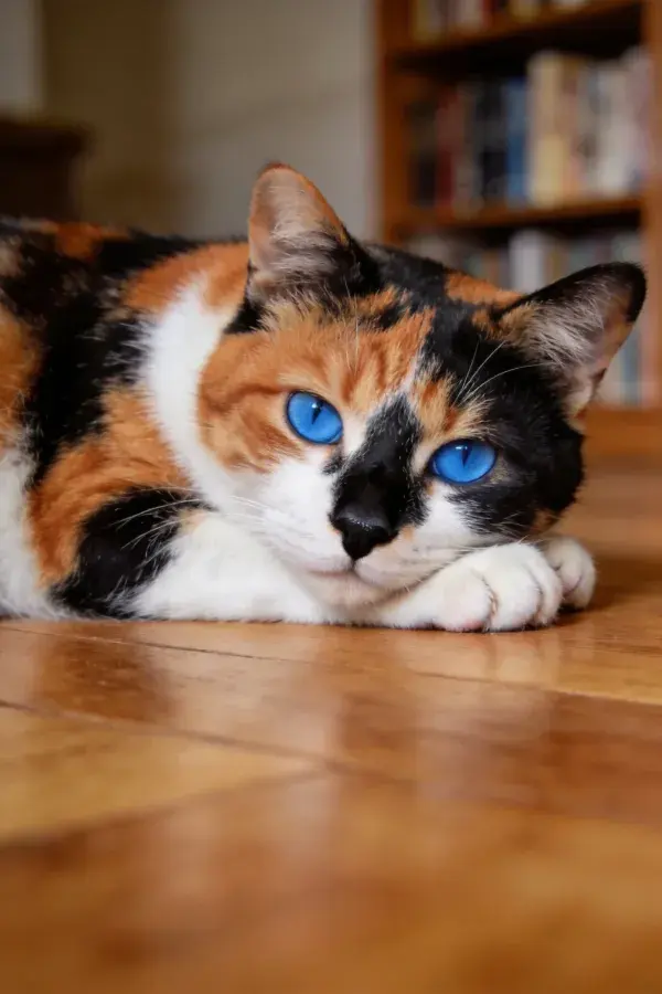 木质地板上的三色短毛猫