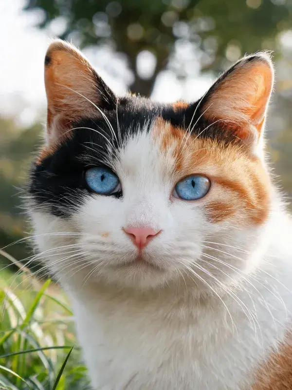 三色短毛猫在户外草地区域的状态