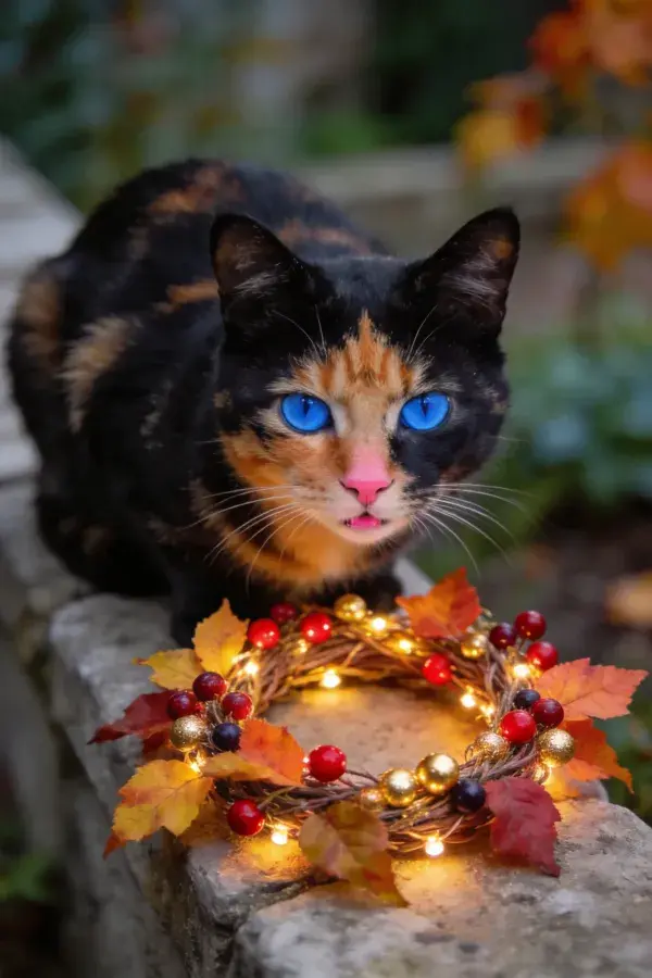 玳瑁猫注视装饰花环于石栏处
