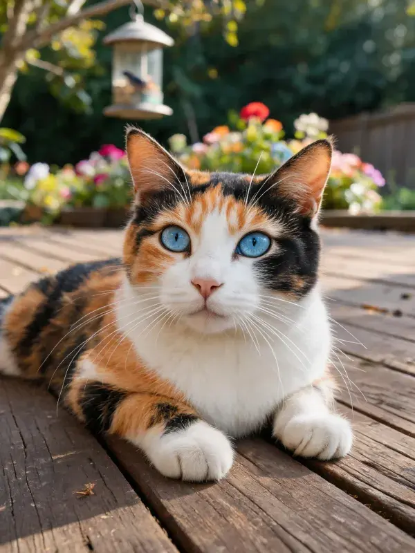 三色短毛猫躺卧在木质平台上的户外场景