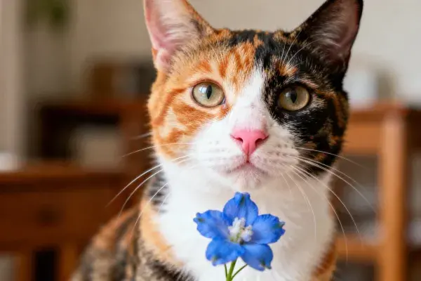 三色短毛家猫衔蓝色花卉特写