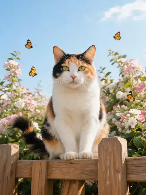 三色短毛猫在木栅栏上的观察姿态