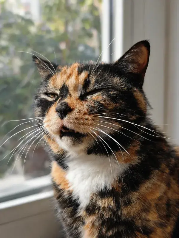 阳光明亮窗边的三色猫姿态