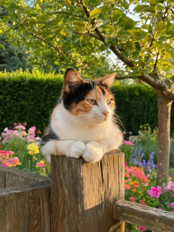 花园围栏边的三色短毛家猫