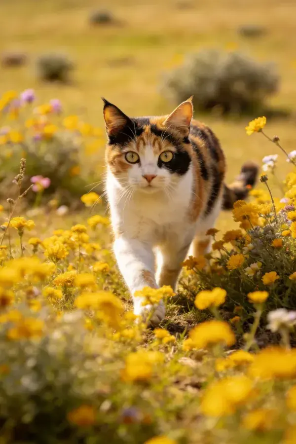 三色短毛家猫穿行花丛