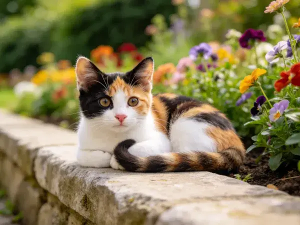 花园石墙上三色短毛家猫