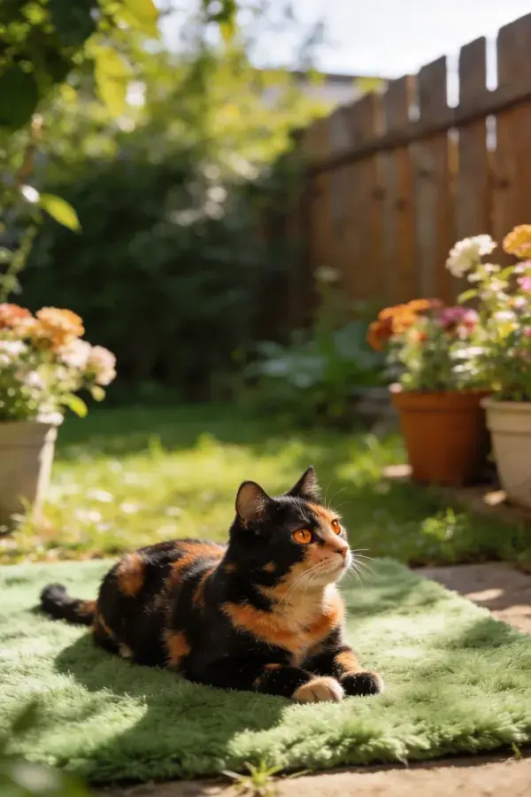 黑橙三色短毛家猫在庭院绿毯上休憩