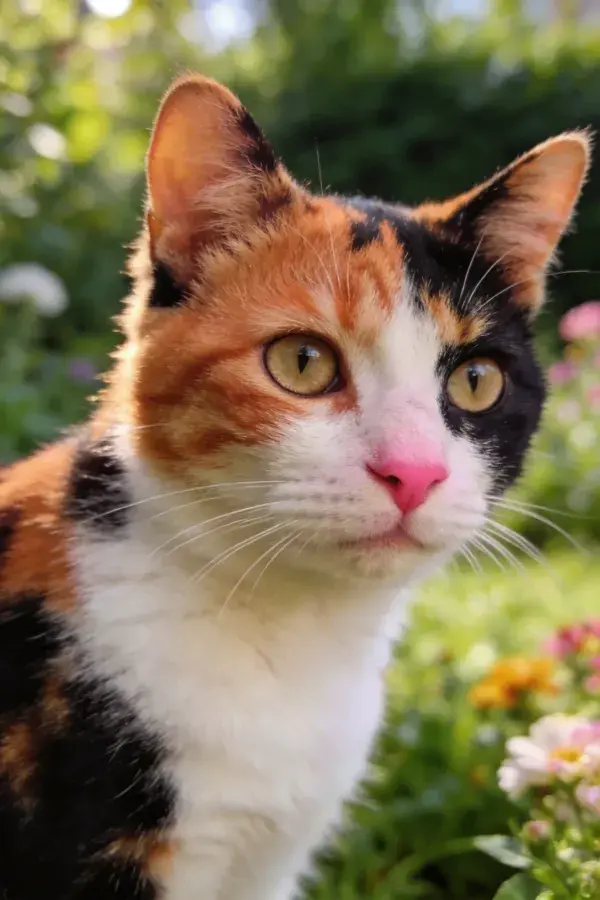 花园中三色短毛猫特写