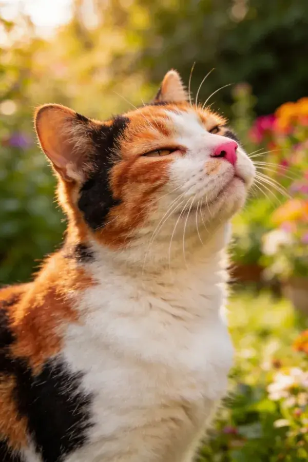 花园中享受阳光的三色短毛家猫