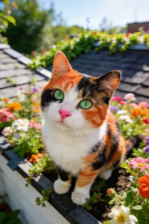 屋顶花园内的三色短毛猫