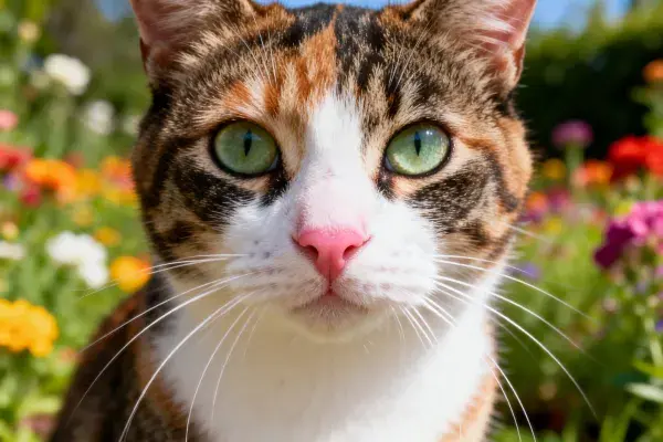 花园中三色短毛猫特写