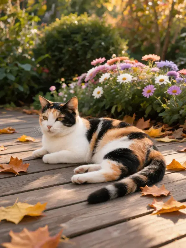 三色短毛猫在木平台上的停留状态