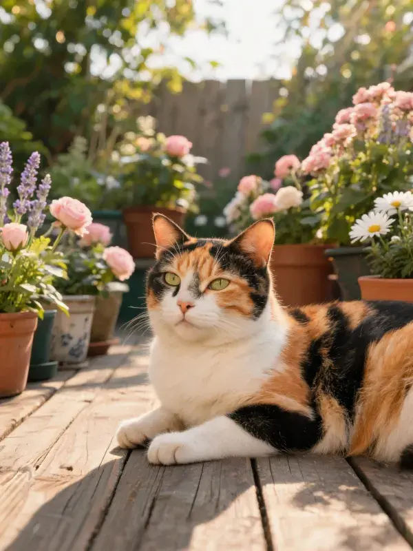 三色短毛家猫于花园露台的休憩状态