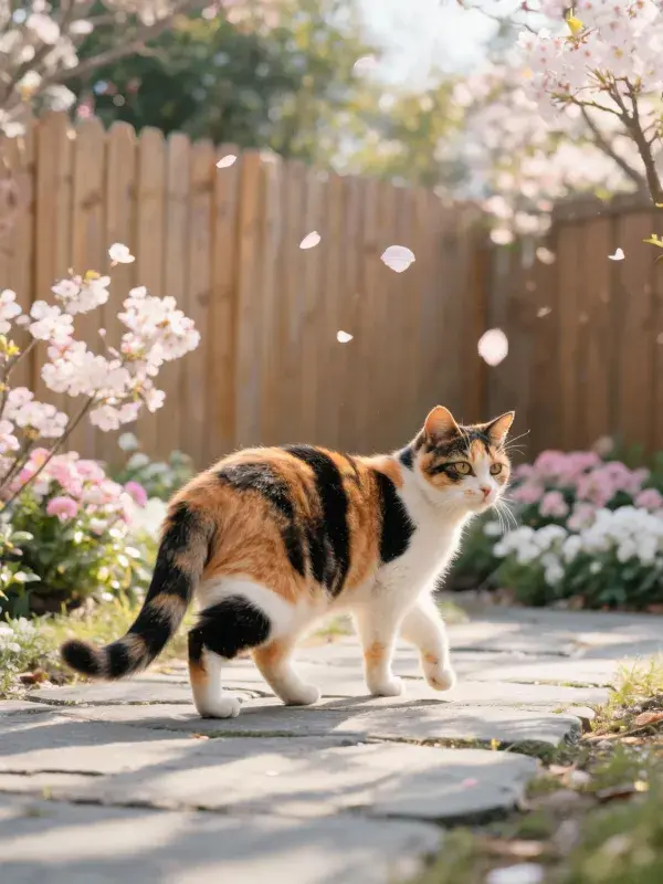 三色短毛猫漫步春日花园小径