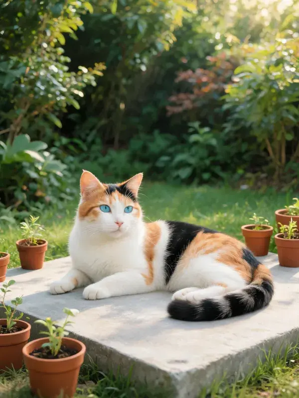花园石板上的三色短毛家猫