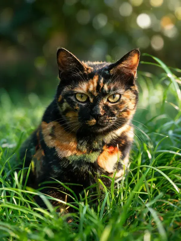 玳瑁猫在草地上的特写画面