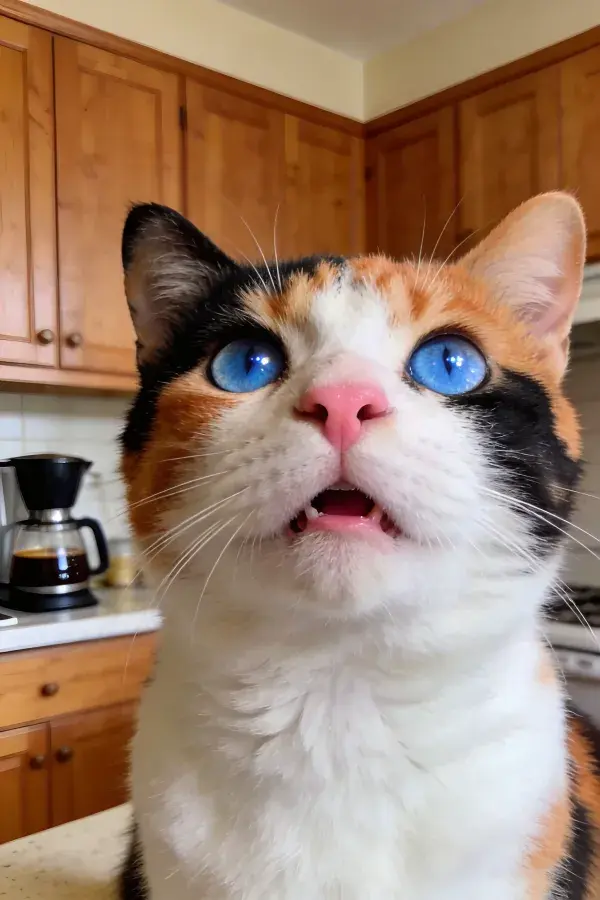 厨房中三色短毛家猫特写