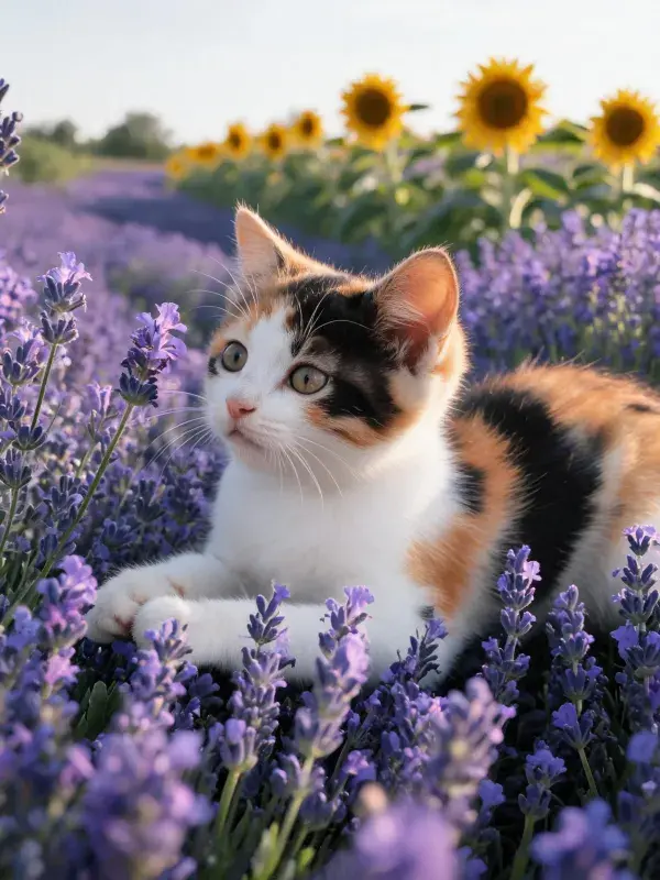 三色短毛猫于薰衣草花田休憩
