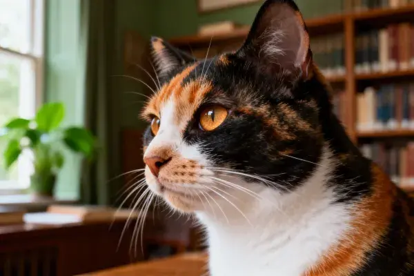 三色短毛家猫在书房内凝望窗外