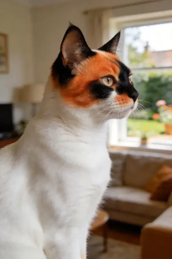 客厅窗外眺望的三色短毛家猫