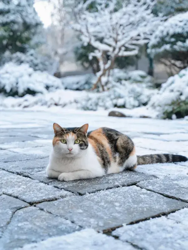 三色短毛家猫雪地石板上的姿态