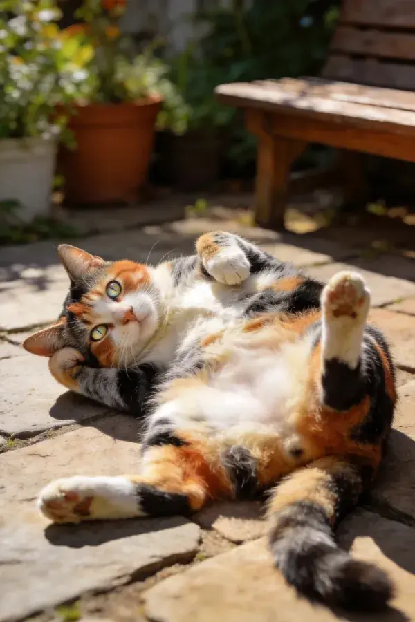花园石板地上的三色短毛家猫