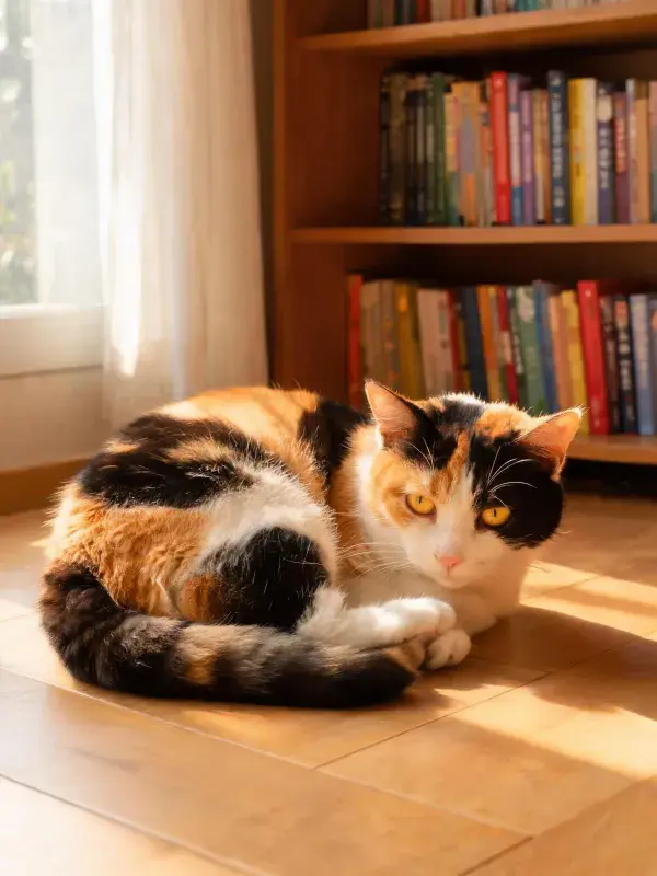 阳光明亮的书房内三色短毛猫图景