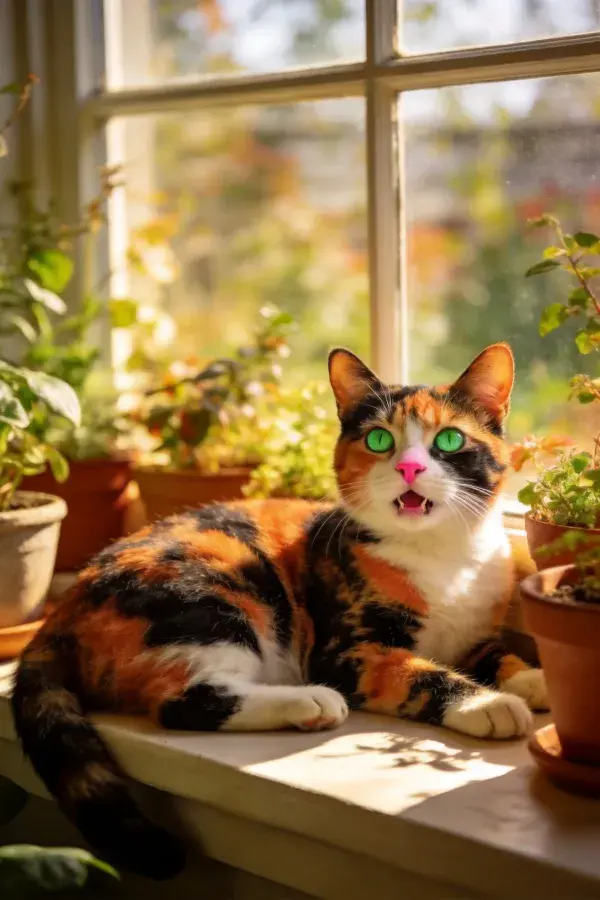 三色短毛家猫在窗台休憩的场景