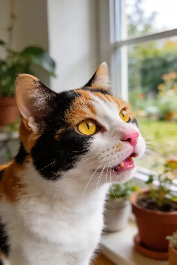 窗台处三色短毛家猫眺望