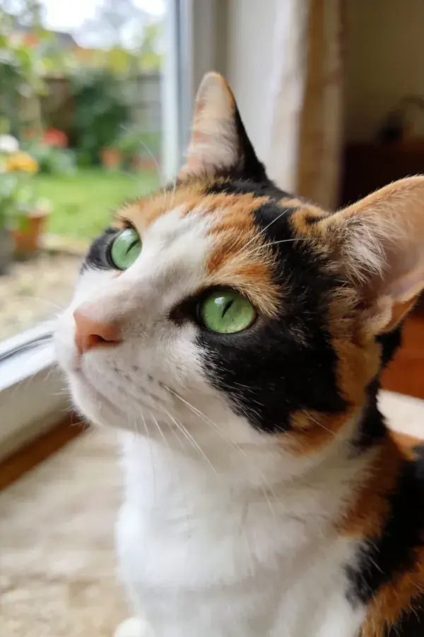 三色短毛家猫近景凝视窗外景色