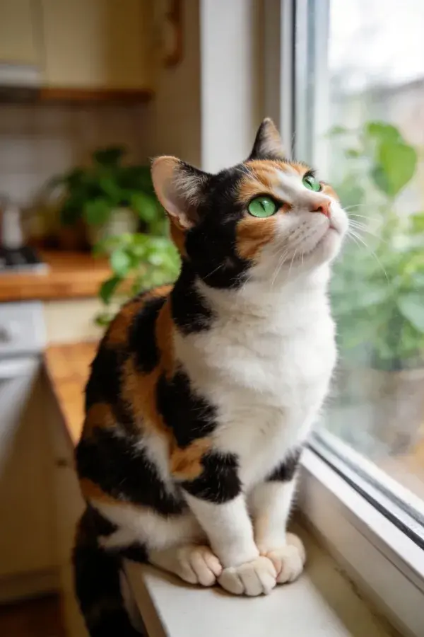 三色短毛家猫向窗外凝视