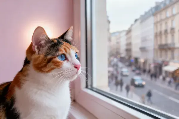 窗边三色短毛家猫与城市街景
