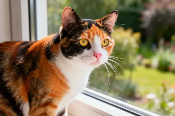 三色短毛猫靠窗的姿态