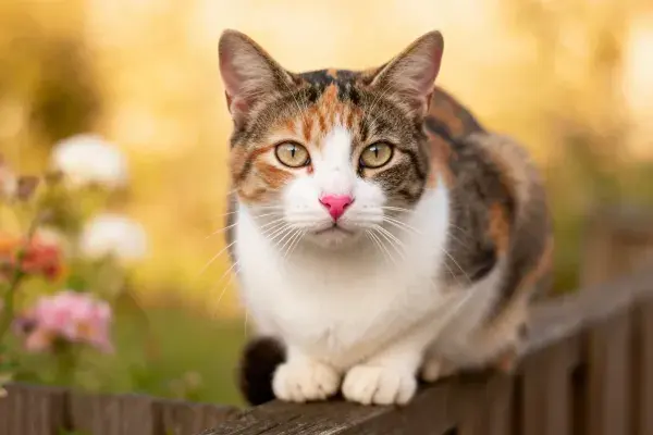 三色短毛家猫于木栅栏旁的花丛前