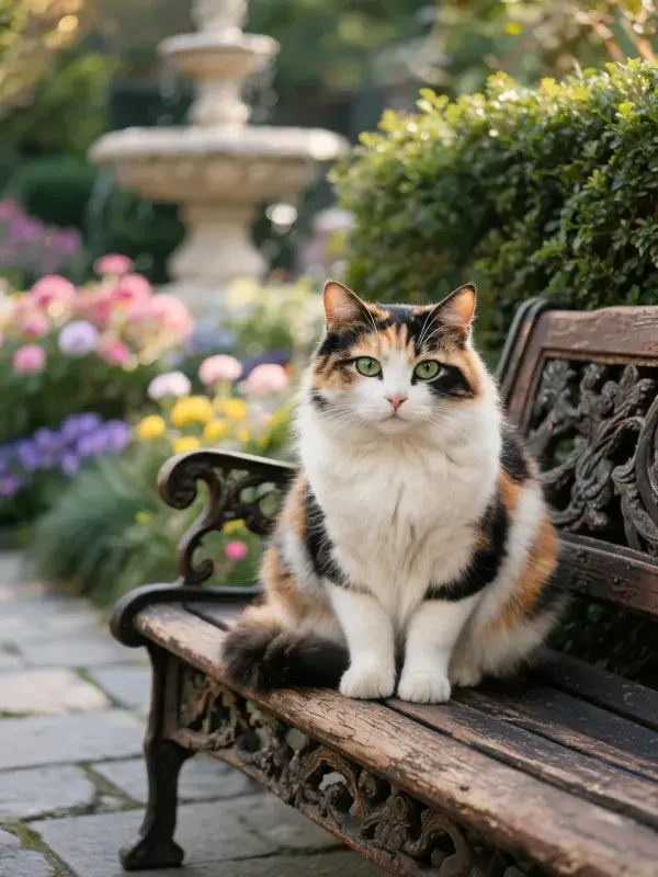 三色短毛猫在园林长椅上的姿态