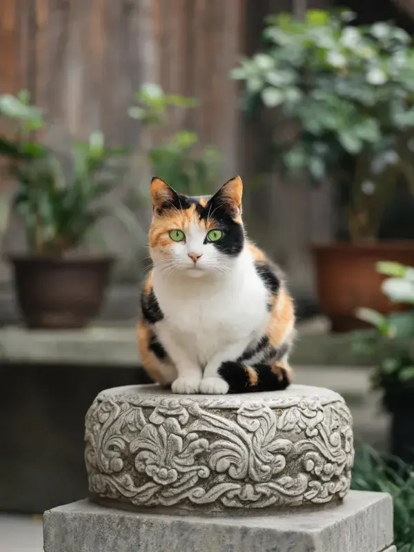 三色短毛家猫于石质陈设处的休憩景象