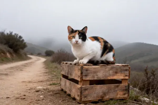 野外木箱上的三色短毛家猫