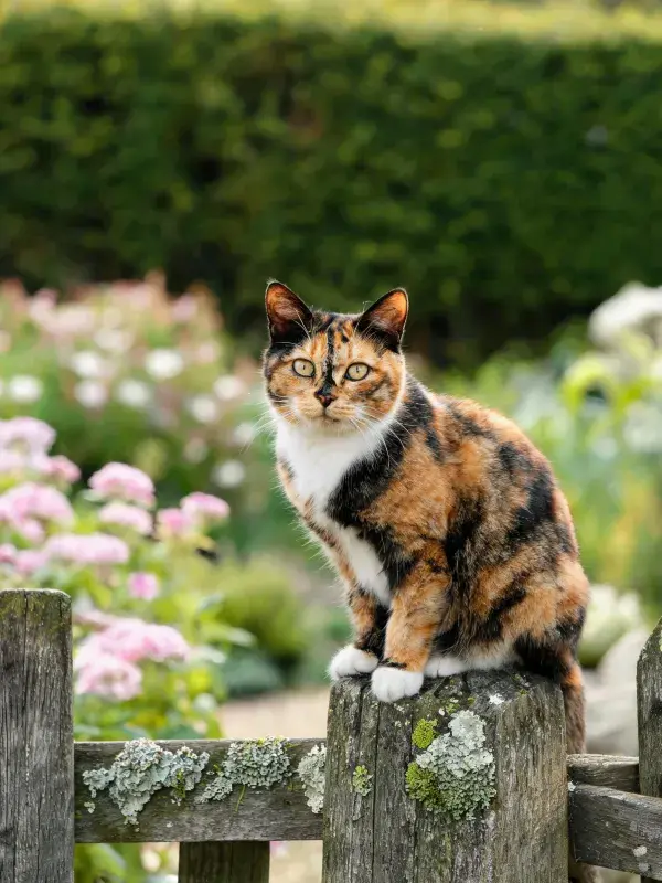 三色短毛家猫于花园木栅栏上的姿态