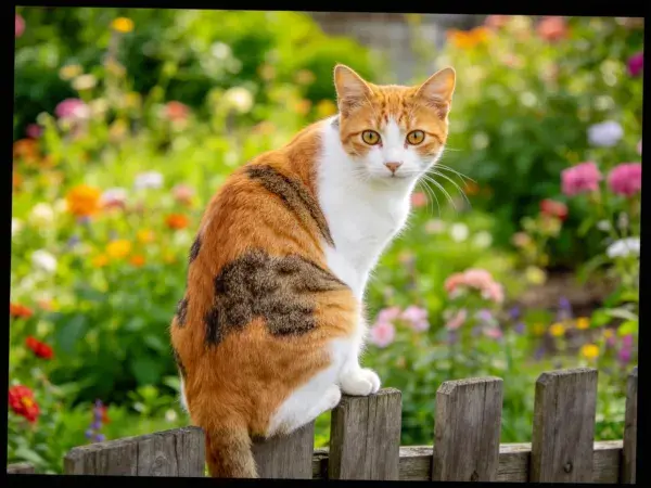 三色短毛家猫倚靠木栅栏花园场景