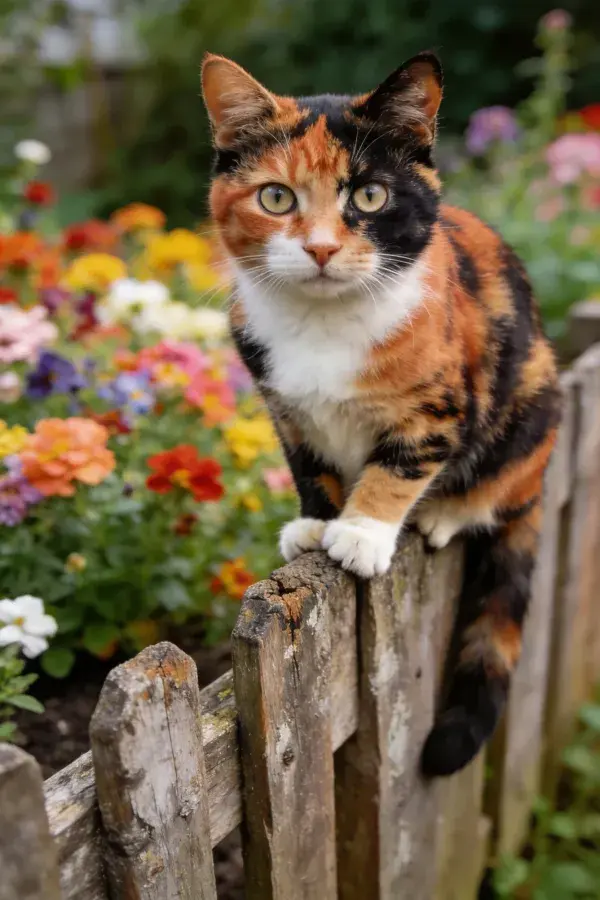 三色短毛猫倚靠木栅栏近景