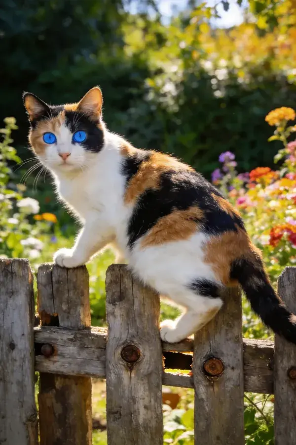 三色短毛猫倚木栅栏眺望