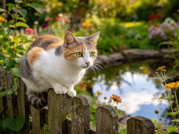 花园池塘旁木栅栏上的三色短毛家猫