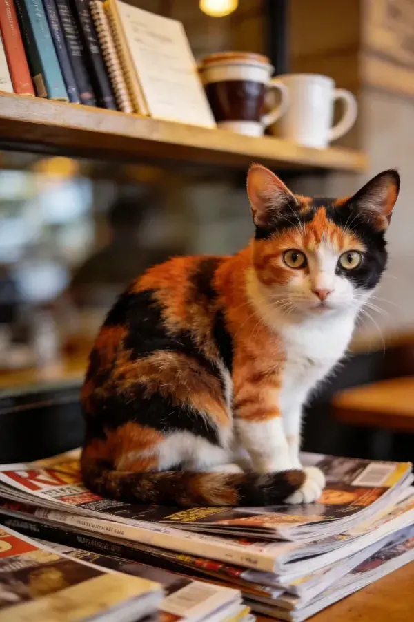 三色短毛家猫静坐于纸堆之上