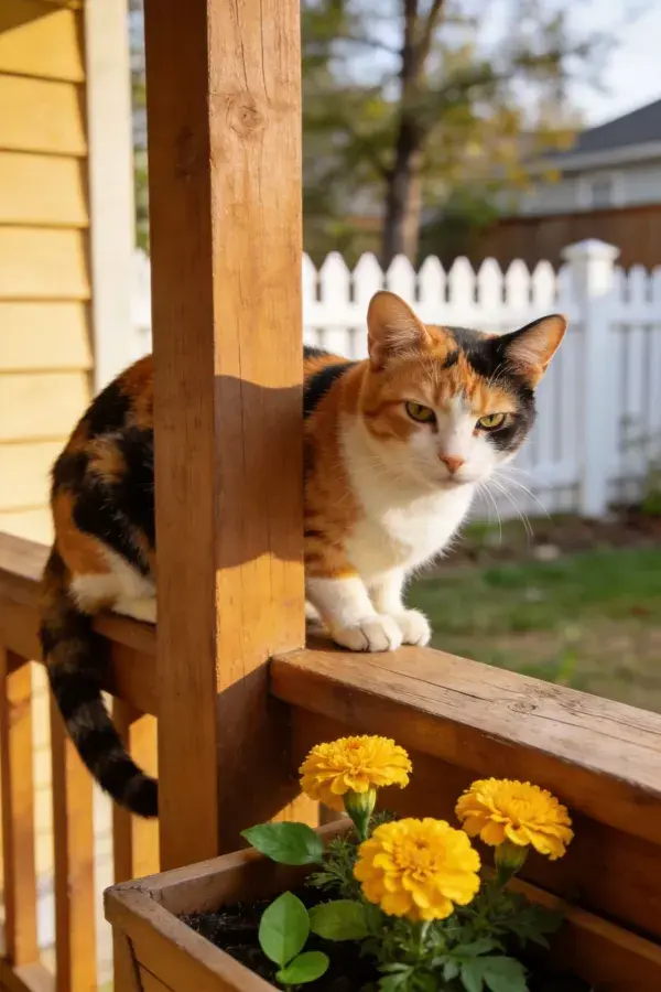 木质门廊边的三色短毛家猫